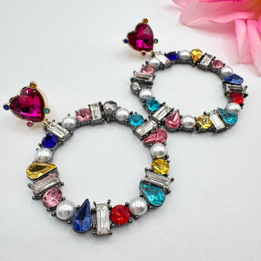 Betsey Johnson Earrings “Bling Thing” Rainbow Rhinestone Faux Pearl Statement